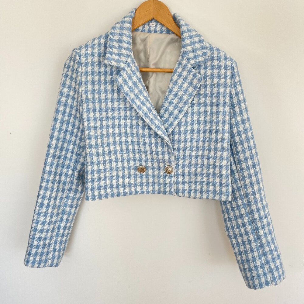 Ice Blue Houndstooth Crop Tweed Blazer Soft Girl Coquette Old Money Preppy - M